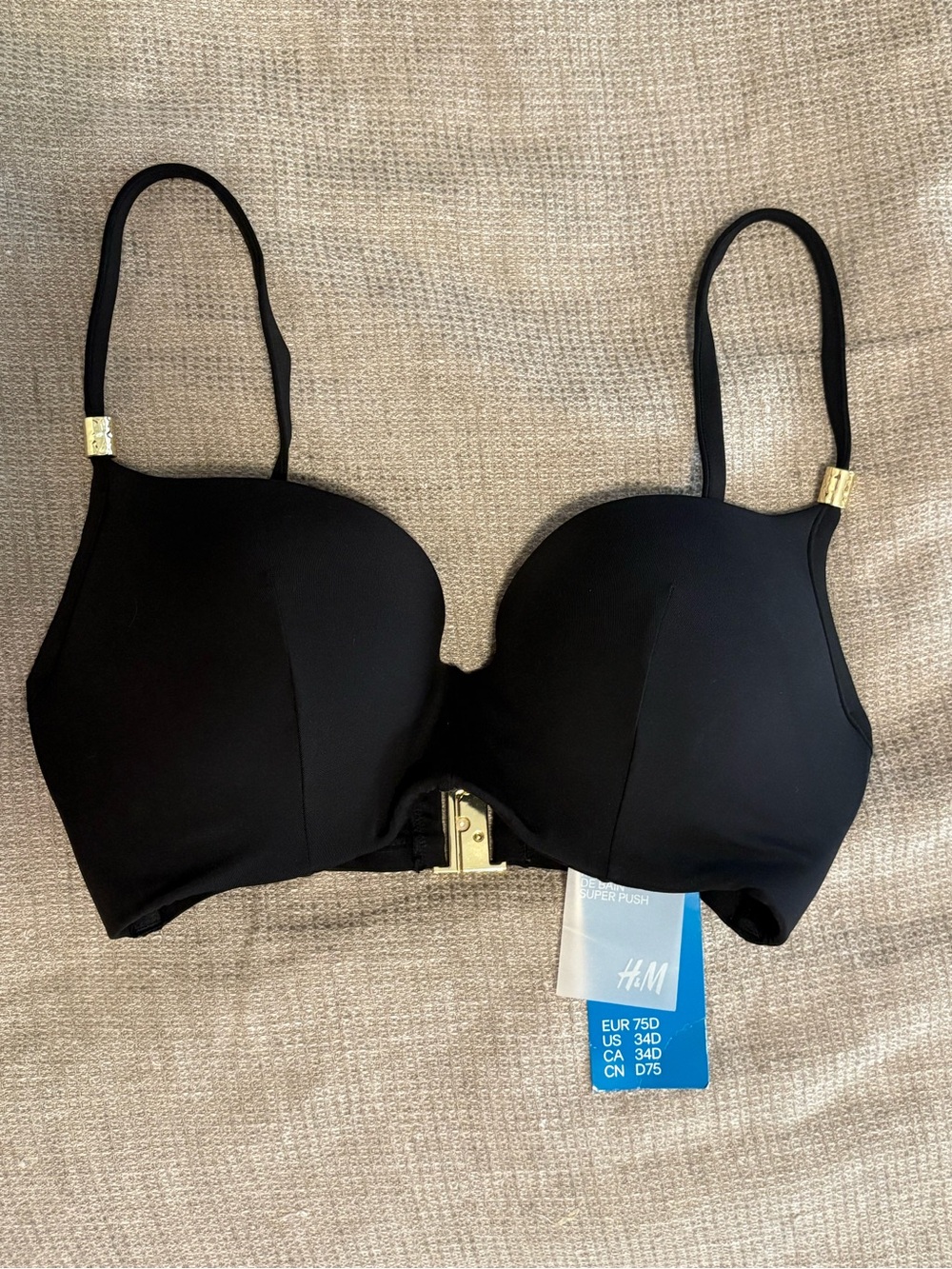 H&M Black Padded Bikini Top with Gold Accents 34D